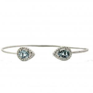 Aquamarine open cuff diamond bangle in 14 k white gold