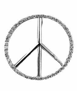 Peace sign in 14 k white gold with pave set diamonds