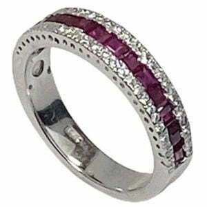 princess cut ruby ring with halo diamonds