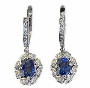 CEYLAN SAPPHIRE DANGLING DIAMOND EARRINGS WITH LEVER BACK CLOSURE