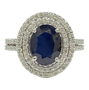 double halo diamond sapphire ring