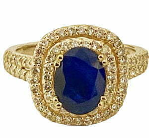 oval sapphire double halo diamond ring in 14 k yellow gold