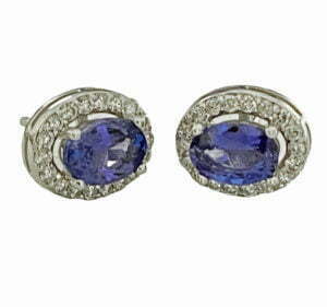 oval tanzanite halo diamond earrings